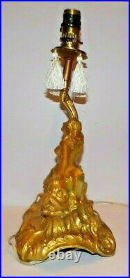Art Deco Nude Lady Boudoir Lamp Dolphin Serpent Nymph Gold Cast Pot Metal VTG