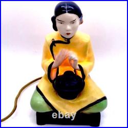 Art Deco Perfume Oil Lamp Asian Girl Holding Pot Electric Burner Vintage