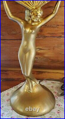 Art Deco Style L&L WMC Nude Lady w Wings Metal Glass Fan Lamp Retro Blue VINTAGE