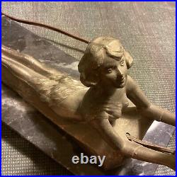 Art Deco Vintage Bronze Nude Lady Boudoir Lamp with Marble Base Frosted Glass