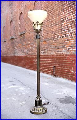 Art Deco Vintage Torchiere Floor Lamp Gothic Glass Shade Funeral antique Brass