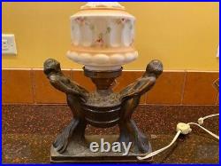 Art deco table lamp vintage with painted glass shade. Original wiring