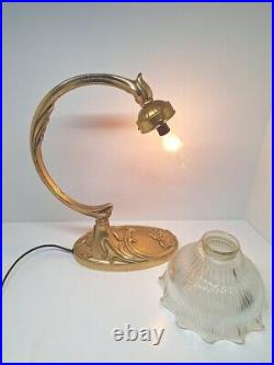 Art nouveau Jugendstil Table lamp Solid Metal Whiplash VTG Glass Shade