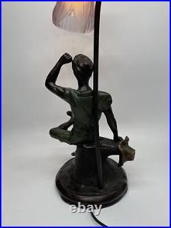 Bronze Statue Lamp Art Nouveau Man Sitting on Stump Glass Antique Figure 23 VTG