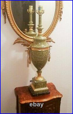 FRENCH GOLD vtg neoclassical urn table lamp green marble hollywood regency art