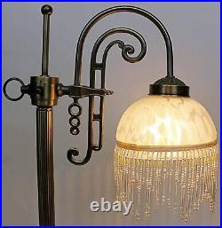 Faux Vtg Style Brass Table Lamp Beaded Fringe White Frosted Glass Shade Art Deco