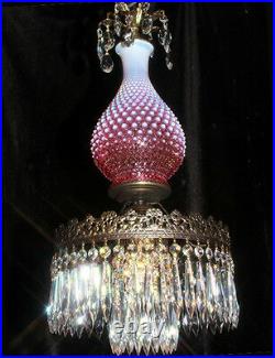 Fenton hanging SWAG Cranberry art Glass Crystal Lamp Chandelier Vintage