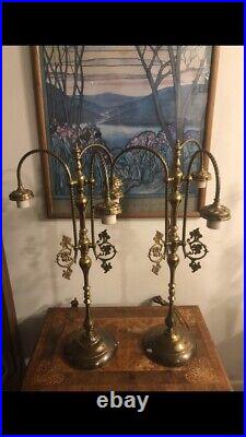 French Signed Vianne Glass Brass Lamps Pair VERY RARE! Antique Art Deco Vintage