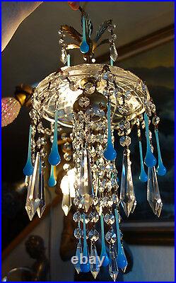 Hanging vintage Lamp brass toleware crystal prisms Opaline Aqua Blue art glass