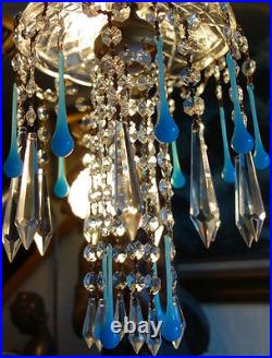 Hanging vintage Lamp brass toleware crystal prisms Opaline Aqua Blue art glass