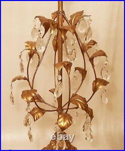 ITALIAN GOLD vtg hollywood regency tole table art lamp crystal prism leaves