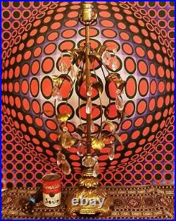 ITALIAN GOLD vtg hollywood regency tole table art lamp crystal prism leaves