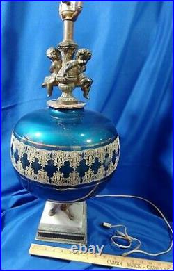 LARGE Art Deco-MCM Bronze Figure Blue Glass Ball Marble Lamp Cherub Antique-VTG