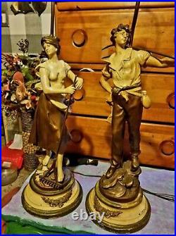 L&F Moreau Pair of Vintage Art Nouveau Spelter Lamps, J. B. Hirsch