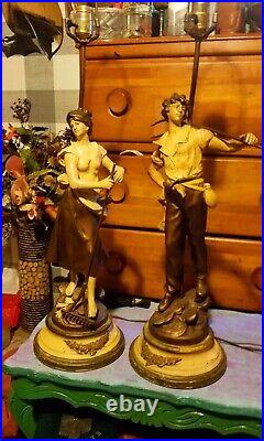 L&F Moreau Pair of Vintage Art Nouveau Spelter Lamps, J. B. Hirsch