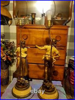 L&F Moreau Pair of Vintage Art Nouveau Spelter Lamps, J. B. Hirsch