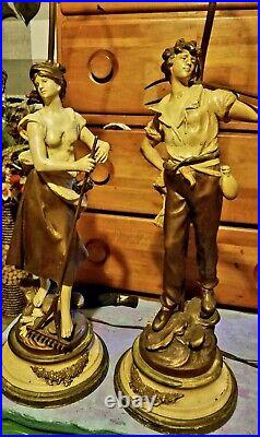 L&F Moreau Pair of Vintage Art Nouveau Spelter Lamps, J. B. Hirsch