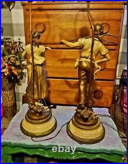 L&F Moreau Pair of Vintage Art Nouveau Spelter Lamps, J. B. Hirsch