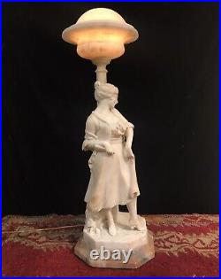 Large 24 Antique Art Deco Hand Carved Alabaster Figural Woman Lady Lamp Vtg