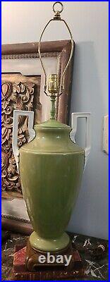 Large Vintage Art Deco Style Lamp Urn Trophy Wooden Base green and white HEAVY