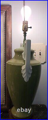 Large Vintage Art Deco Style Lamp Urn Trophy Wooden Base green and white HEAVY