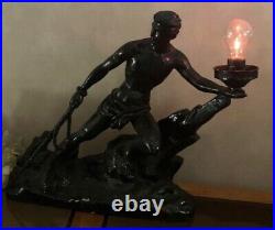 Large Vintage Art Deco Table Lamp Man Pulling Rope Flame Bulb MCM Sculpture 20