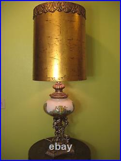 Large Vintage Italy Art Glass & Gold Metal Angels Stand Table Lamp, 33 1/2 Tall