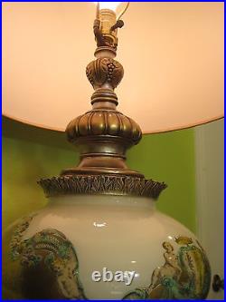 Large Vintage Italy Art Glass & Gold Metal Angels Stand Table Lamp, 33 1/2 Tall