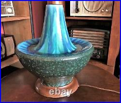 Large Vintage MCM Glazed Ceramic Art Pottery Iconic Blue Green Lamp