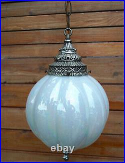 Leviton 60s Art Deco Swag Hanging Light Fixture Opal Pearl Glass Globe Lamp Vtg