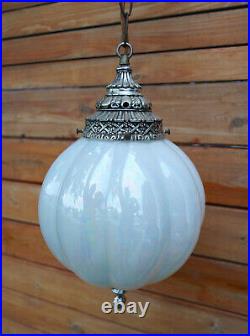 Leviton 60s Art Deco Swag Hanging Light Fixture Opal Pearl Glass Globe Lamp Vtg