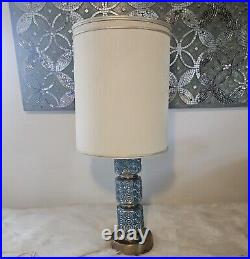 MCM Art Deco Style Table Lamp VTG 50s Blue Glass Brass withShade & Finial 38 Tall