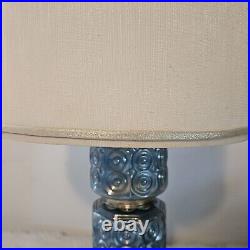 MCM Art Deco Style Table Lamp VTG 50s Blue Glass Brass withShade & Finial 38 Tall