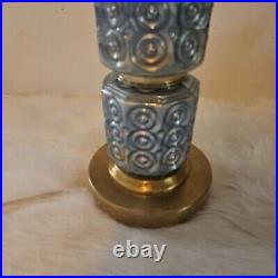 MCM Art Deco Style Table Lamp VTG 50s Blue Glass Brass withShade & Finial 38 Tall