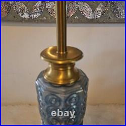 MCM Art Deco Style Table Lamp VTG 50s Blue Glass Brass withShade & Finial 38 Tall