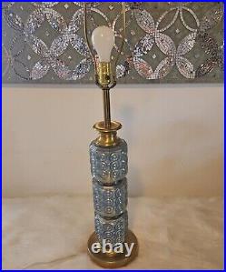 MCM Art Deco Style Table Lamp VTG 50s Blue Glass Brass withShade & Finial 38 Tall