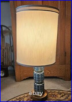 MCM Art Deco Style Table Lamp VTG 50s Blue Glass Brass withShade & Finial 38 Tall