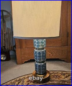 MCM Art Deco Style Table Lamp VTG 50s Blue Glass Brass withShade & Finial 38 Tall