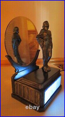 Marked Vintage Rare Apt. NY Art Deco lady lamp with Mirror & Blue Glass Panels