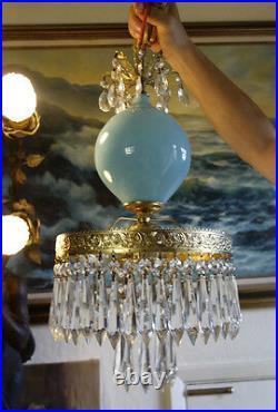 Old Vintage SWAG Aqua Blue Art glass tole Brass hanging lamp chandelier crystal
