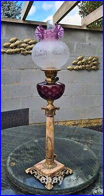Original Vintage Amethyst Purple Glass Alabaster Marble Art Nouveau Oil Lamp