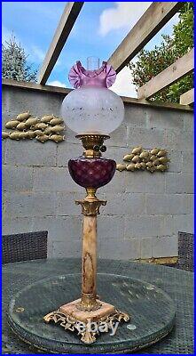 Original Vintage Amethyst Purple Glass Alabaster Marble Art Nouveau Oil Lamp