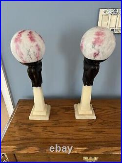 Outstanding Antique Pair of Art Deco Vintage Figural Lamps on Marble Pedestals