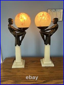 Outstanding Antique Pair of Art Deco Vintage Figural Lamps on Marble Pedestals