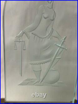 Outstanding VTG Art Deco LADY JUSTICE Etched Glass Panel Lamp Light Sculpture