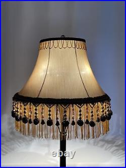 PAIR 2 Vtg Victorian Art Deco Style Lamp Shade Gold Black Bead Tassel Fringe 18