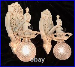 PAIR Ornate Antique Vtg 1924 Art Deco Ivory Polychrome Wall Lamp Light Fixtures