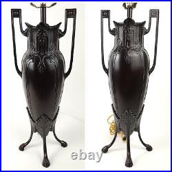 PAIR of Vintage Art Deco Footed Table Lamps Dark Bronze Brown Finish Metal Heavy