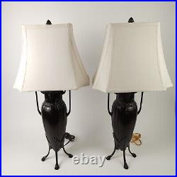 PAIR of Vintage Art Deco Footed Table Lamps Dark Bronze Brown Finish Metal Heavy