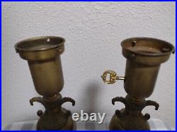 Pair 2 Metal Vintage Antique Art Deco Square White Marble Base Table Lamps